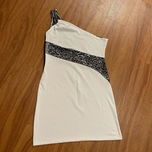 Sequined Sheer Asymmetrical Bodycon Mini Dress